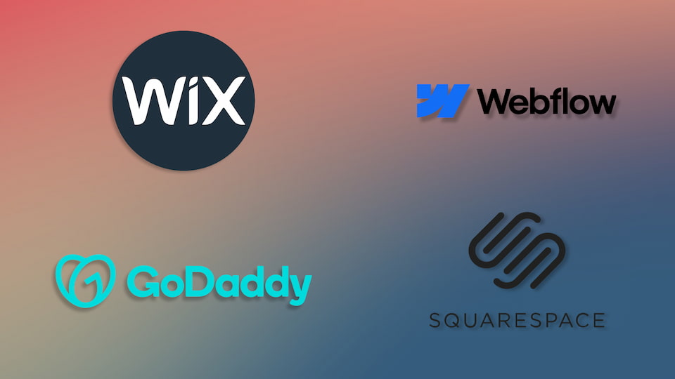 Logos of four different site-builders overlayed on a pleasing gradient.