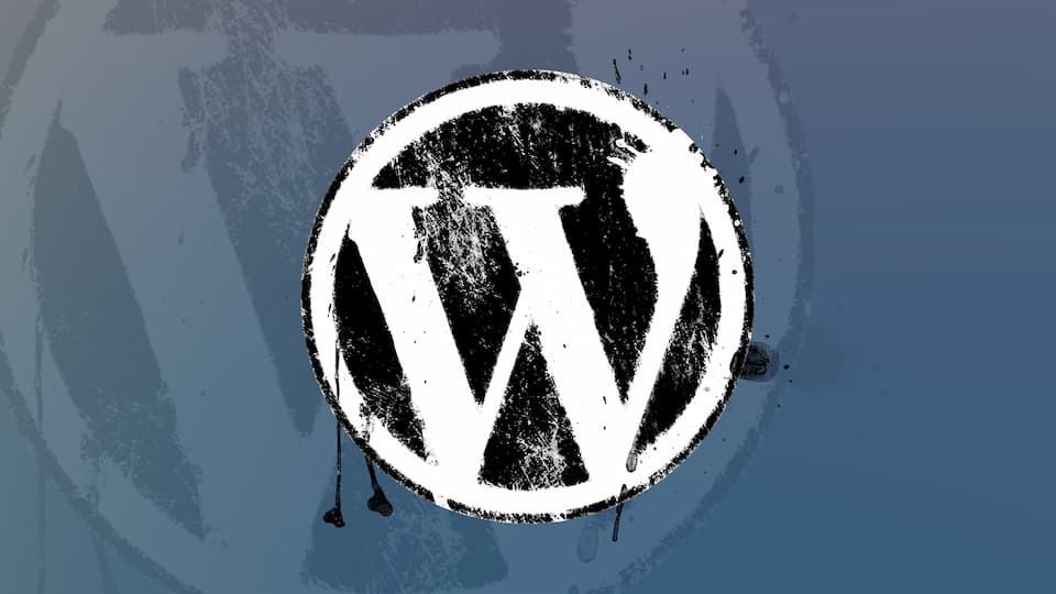 The WordPress logo in a graffiti style, set against a darkening gradient.